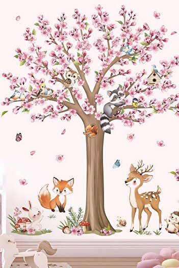 Grafikup Forest Animals and Large Flower Tree Wall Sticker Set - Kids Room Nursery Decor Set