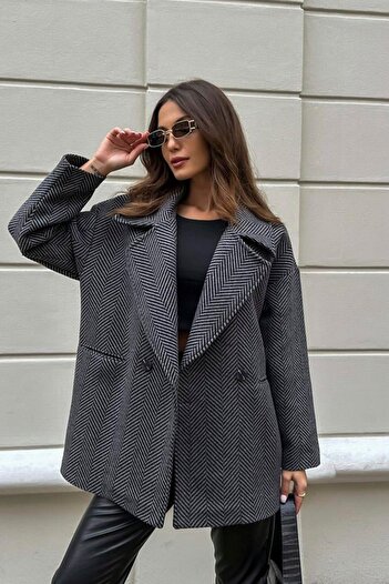 MATTİ MODA Kadın Balık Sırtı Oversize Gri Kısa Kaban