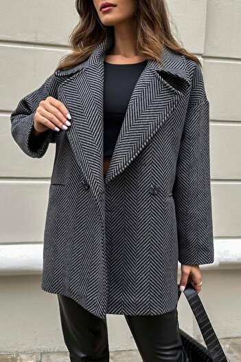 MATTİ MODA Kadın Balık Sırtı Oversize Gri Kısa Kaban