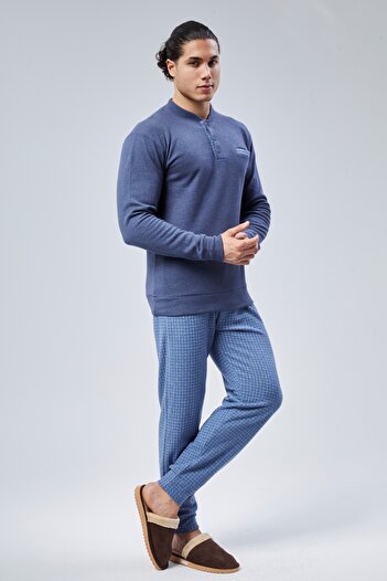 M MOONCOVER Mooncover Erkek Kışlık Göğüs Cebi Detaylı Pijama Takımı Jeans
