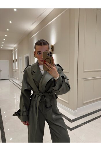 FMN Moda Belted Cut-Out Detail Short Crop Design Pinterest Equivalent Slim Line Fabric Lined Jacket Trench Coat