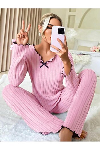 FORVENS Seasonal Black Cotton Sleepwear Set with Bow Detail
