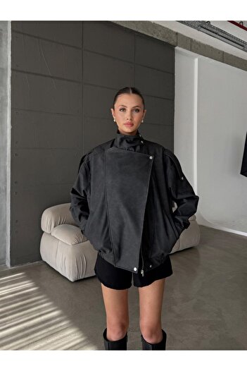GM Butikk New Season Oversize Biker Jacket Women's Leather-Suede Jacket High Collar