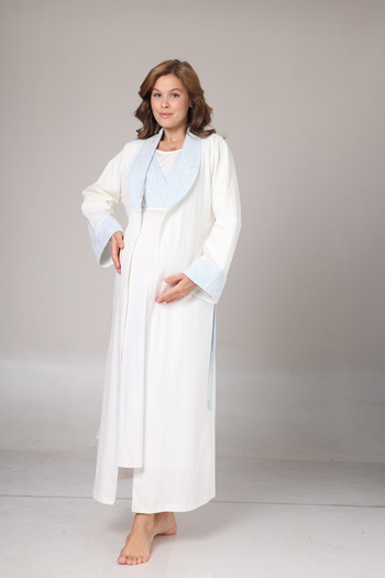 PREGNANT WORLD Women's Ecru Jacquard Shawl Collar Full Length Winter Long Sleeve Special Design Maternity Nightgown Nightdress Set