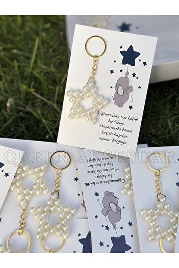 QUEEN AKSESUAR Pearl Star Design Boy Baby Children's Card Gift Keychain Birth Mevlüt Gift