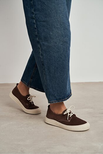 NİŞANTAŞI SHOES Space Kahve Hakiki Deri Süet Bağcıklı Günlük Sneaker Kadın Ayakkabı