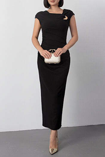 MILANOFOX Draped Degaje Collar Black Midi Dress with Gold Accessories
