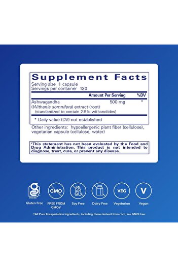 Pure Encapsulations Ashwagandha 500mg Extract for Stress & Immune Support - 120 Vegan Capsules