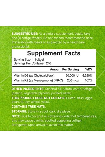 DEAL SUPPLEMENT Vitamin D3 50,000 IU + K2 MK7 200mcg Softgels, 240 Count | Supports Heart, Bone & Immune Health