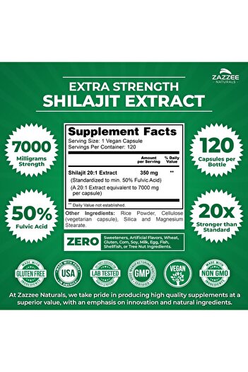 Zazzee 100% Pure Himalayan Shilajit 20:1 Extract, 7000mg per Capsule, 50% Fulvic Acid, 120 Servings