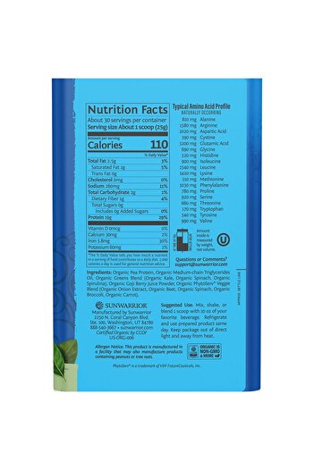Sunwarrior Organic Vegan Protein Greens Powder with BCAA & Superfoods, Chocolate, 30 Servings