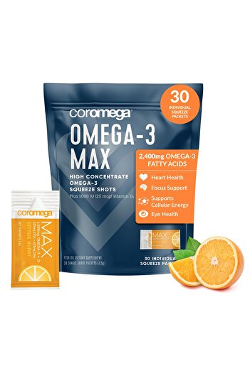 Coromega MAX 2400mg Omega-3 Fish Oil + Vitamin D Squeeze Packets, No Fishy Taste, Brain & Heart Support