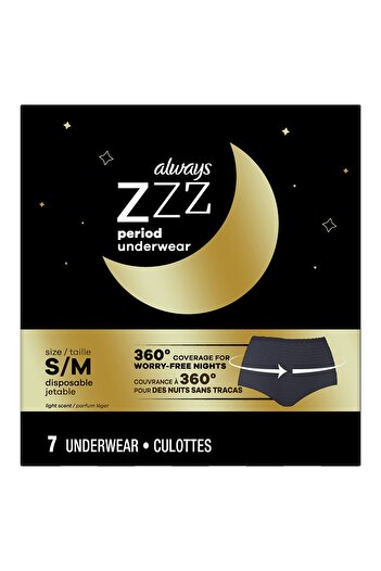 Always ZZZ Overnight Disposable Period Underwear for Women Size S/M, 360 Degrees Coverage, 7 Count