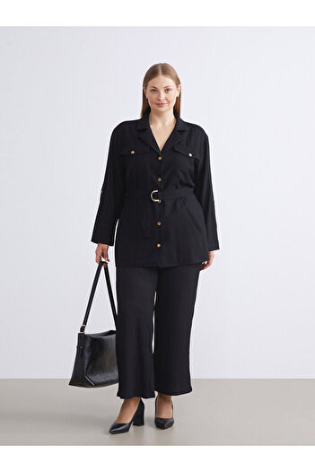 LC Waikiki Black Elastic Waist Textured Wide Leg Women's Trousers