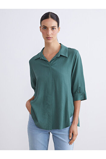 LC Waikiki Green Plus Size Shirt Collar Textured Oversize Blouse