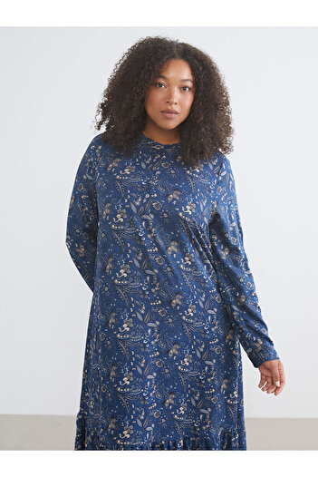 LC Waikiki Blue Plus Size Crew Neck Floral Dress