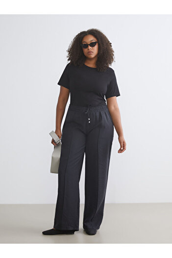 LC Waikiki Black Plus Size Elastic Waist Modal Blend Women's Trousers