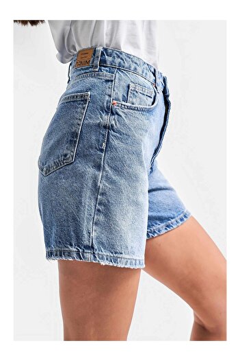 LC Waikiki Women's Blue Color Mom Fit Midi Length Denim Shorts