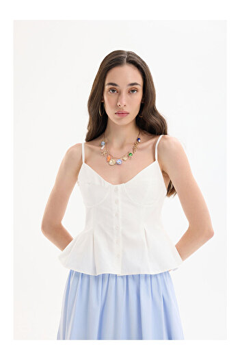 LC Waikiki Buttoned Thin Strap Blouse with Pile Detail Ecru