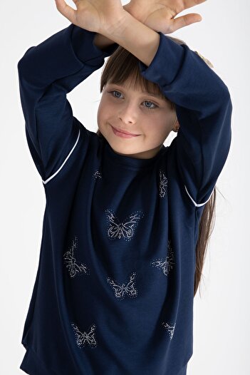 Cansın Mini Navy Blue Sequined Butterfly Embroidered Wide Leg Girls' Tracksuit Set 22735