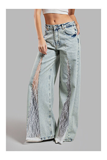 LC Waikiki Blue Women's t Jean Color 4S565 Lace Detailed Palazzo Fit Design Denim