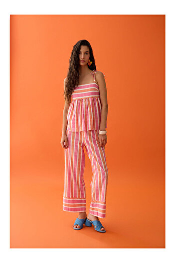 LC Waikiki Colorful Striped High Waist Trousers Pink