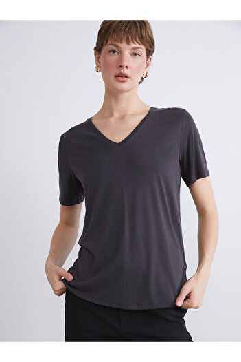 LC Waikiki Black V-Neck Modal Blend Women's T-Shirt