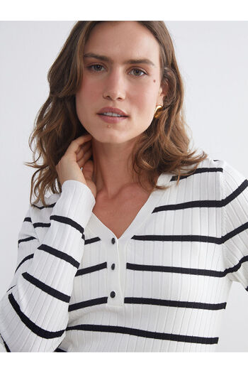 LC Waikiki Ecru V-Neck Striped Women's Knit Sweater