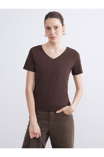 LC Waikiki Brown V-Neck Women's T-Shirt