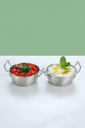 Qerhome 2-Piece Silver Stainless Steel Round Presentation Pan – Serving Dish with Handles Sauce Bowl 13 cm (Vd8815)