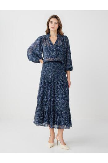 Jimmy Key Navy Blue V-Neck Long Sleeve Chiffon Shirt