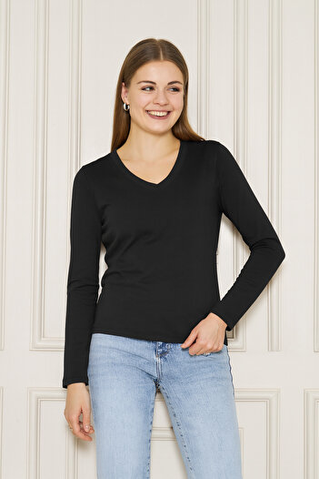 ESPİNA Women's 3-Pack V-Neck Long Sleeve Knitted T-Shirt