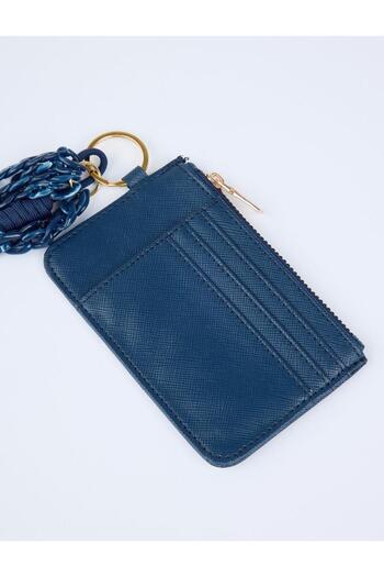 Jimmy Key Navy Blue Leather Look Chain Detailed Zippered Wallet