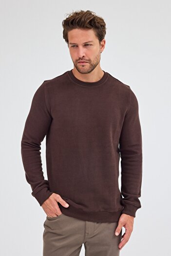 İmza Brown Long Sleeve Crew Neck Plain Cotton Comfort Fit Sweatshirt 1013255150