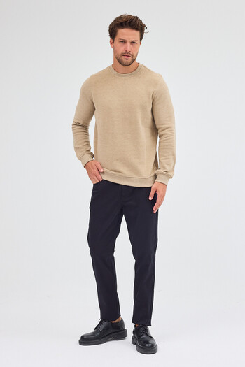 İmza Dark Beige Long Sleeve Crew Neck Plain Cotton Comfort Fit Sweatshirt 1013255150
