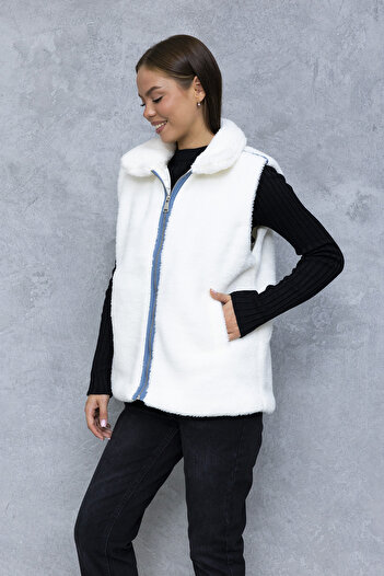 GİYSA Women's Stand Collar Zippered Double Pocket Plush Vest Navy Blue - 6807
