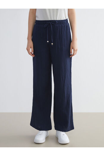 LC Waikiki Navy Blue Elastic Waist Textured Muslin Women's Trousers