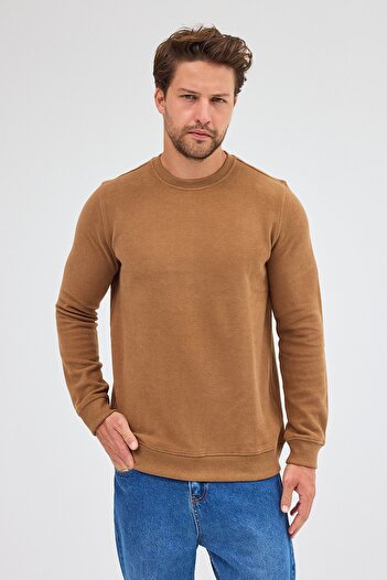 İmza Light Brown Long Sleeve Crew Neck Plain Cotton Comfort Fit Sweatshirt 1013255150