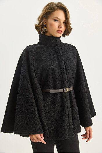 Bianco Lucci Women's Boucle Fabric Araboy Belted Cashmere Poncho 8014 60284101