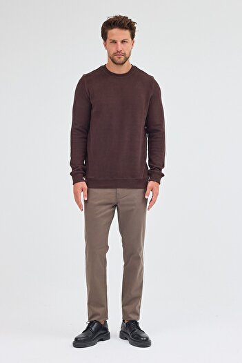 İmza Brown Long Sleeve Crew Neck Plain Cotton Comfort Fit Sweatshirt 1013255150