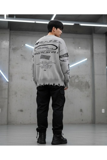 Touz Moda Harajuku Space Oversize Gri Triko Kazak