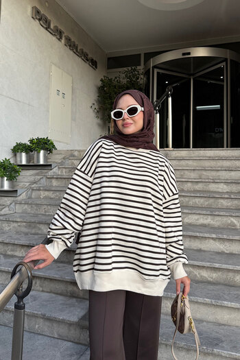 LOCCO Women's Striped Hooded Sweatshirt Brown