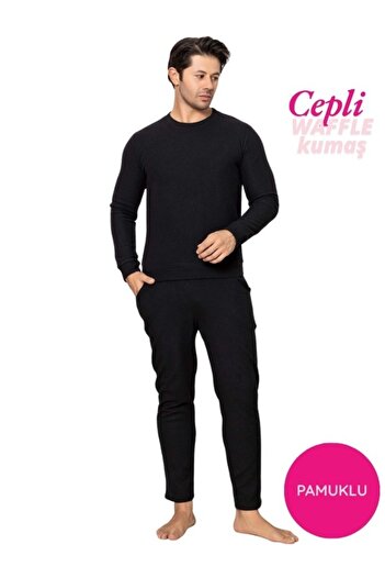 bie's Men's Crew Neck Buttonless Winter Waffle Cotton Fabric Long Cuffed Sleeve Pajama Set with Pockets