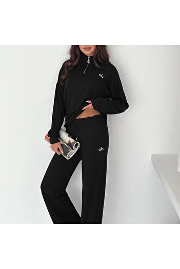 tülaybutik طقم رياضي نسائي من قماش المودال باللون الأسود