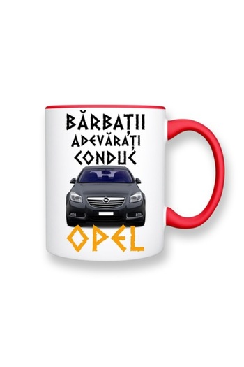 OEM Customized mug for car enthusiasts with message: 'Real men drive Opel', Betaprint, white with red in