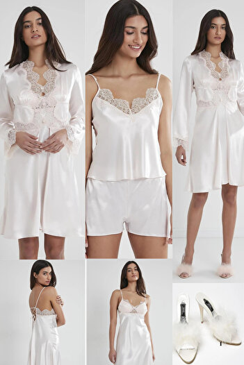 Mavelle Women's Nightgown Robe Shorts Set Pajama Set Satin Six-Piece Set - with Slippers Gift