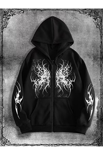 Touz Moda Gothic Design Oversize Zippered Black Unisex Hooded Cardigan