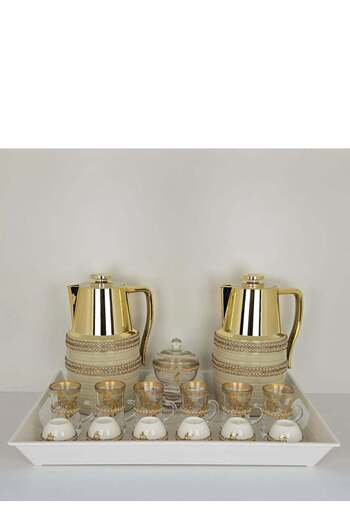 Radin 22 Piece Arabic Tea and Coffee Set Elegant Gold Thermos and Glass Cups with Tray 12 Hour H