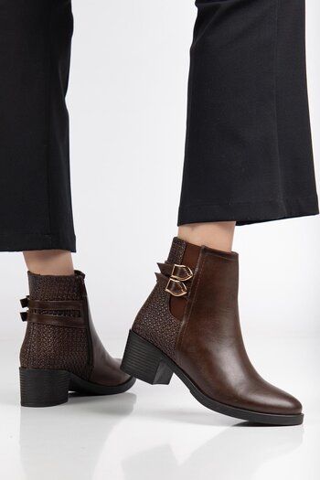 Dilimler Ayakkabı Brown Women's Heeled Boots Straw Detailed Faux Leather Buckle