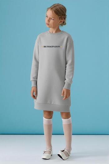 Perendi Girl's Crew Neck Embroidery Detailed Fleece Lined Dress Gray Melange